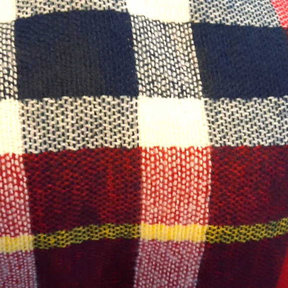 Hooded Ruana Soft Lightweight Summer Knit Wine Navy Cream Yellow Plaid Fringe - Picture 5 of 6